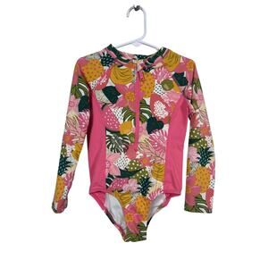 Garnet Hill WaveRider One Piece Swimsuit Girl 5 Pink Half-Zip Floral Long Sleeve
